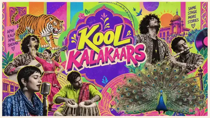 Illustrated Kool Kalakaars poster: singers, a tabla player, a dancer and a guitarist in bright halftone colour